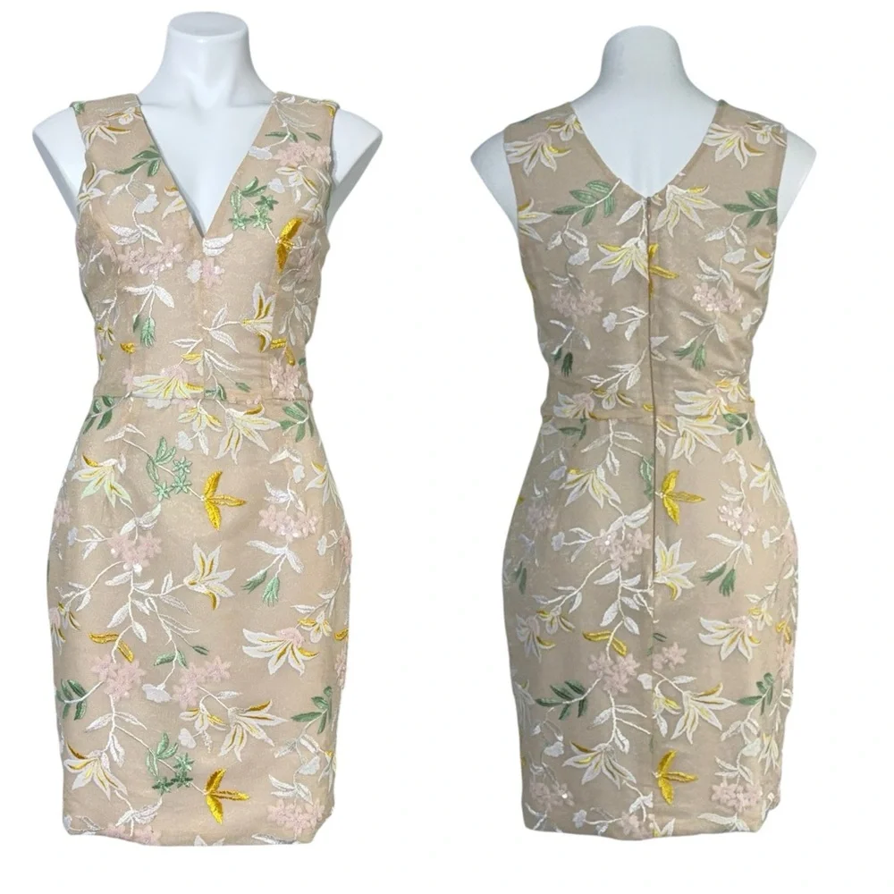 Dress the Population Embroidered Floral Sequin Sheath Mini Dress V-Neck Size M - Picture 3 of 16